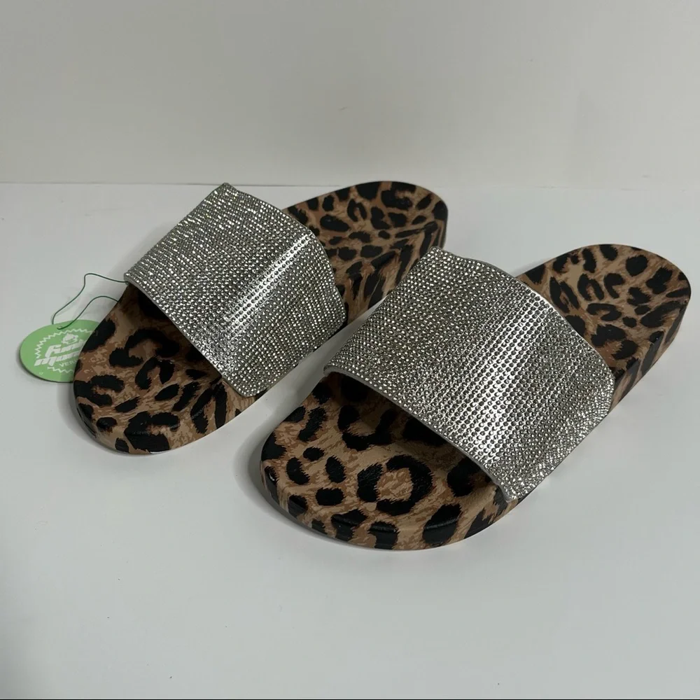 NWT Women's Slides Leopard Rhinestone Glitter Slip On Footbed Platform Sandals - Picture 5 of 10